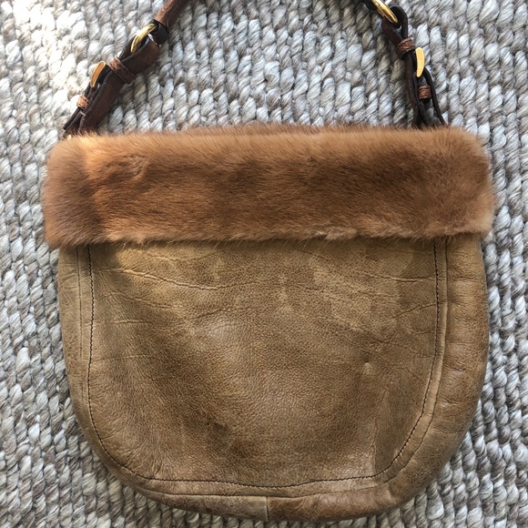 PRADA Crocodile & Mink-Trimmed Montone Visone Hobo - Picture 6 of 7